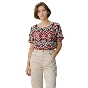 Chicos Blouse Women 3 US XL Red Geometric Diamond Boho Cuffed Maximalist Stretch